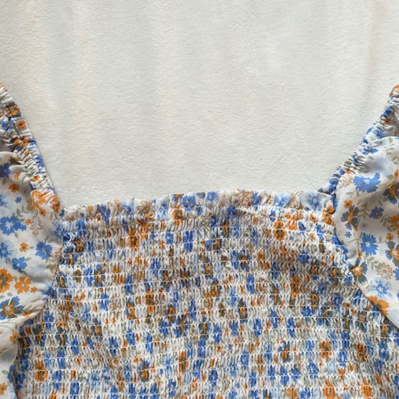 floral ruched smocked blouse puff sleeve long sleeve top - Picture 2 of 6